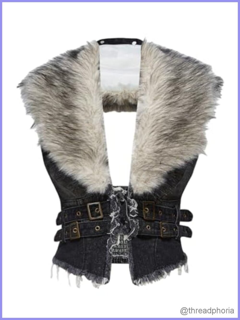 Faux Fur Denim Vest Smocked Open Back Sleeveless Raw Trim Cropped Vest Jacket